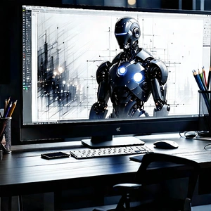 Tech Charcoal Drawing: Futuristic digital workspace