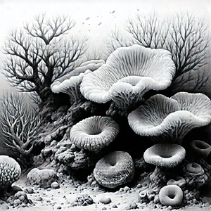 Nature Charcoal Drawing: Coral Reef In Dry Season With Black White