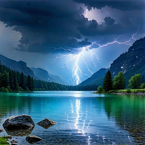 Nature Lithograph: Lightning Over Alpine Lake With Beautiful Mountain