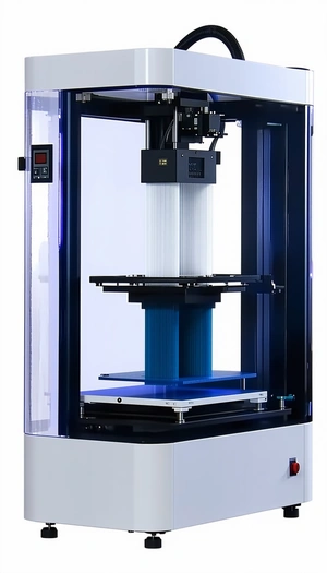 A Large Blue Machine Is Sitting On A White Table