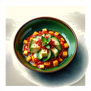 Lifestyle Woodcut Print: Plant-based Dish Prepared With Fresh Ingredients With Large Bowl
