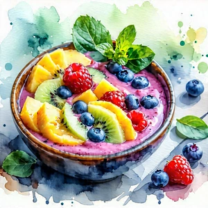 Lifestyle Watercolor Painting: Smoothie Bowl Prepared With Fresh Ingredients With Bowl Filled