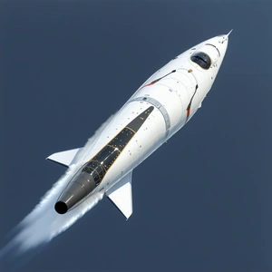 A White Rocket Is Flying Through The Sky, Leaving A Trail Of Smoke Behind It