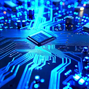 Circuit board with blue light (glow:1.21)