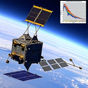 A Space Satellite Is Shown In A Close-up View, With Its Solar Panels And Antennae Clearly Visible