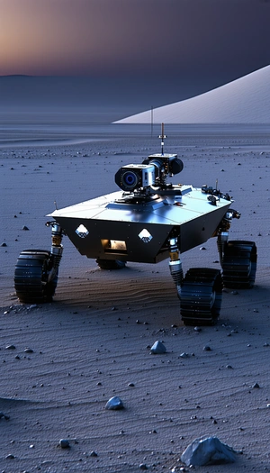 A Robotic Vehicle Is Sitting On A Rocky Surface, Possibly A Desert