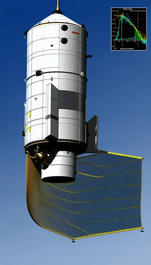 A Large Spacecraft Is Shown In A Blue Sky, With A Yellow Mesh Covering The Bottom Of The Spacecraft