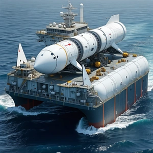 A Large White Space Shuttle Is Being Transported On A Large Blue Ship