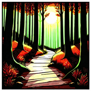 Nature Linocut Print: Path through autumn woodland