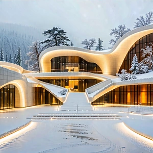 Urban Abstract Design: Cultural Center With (snow:1.23) Covering With Large, Modern