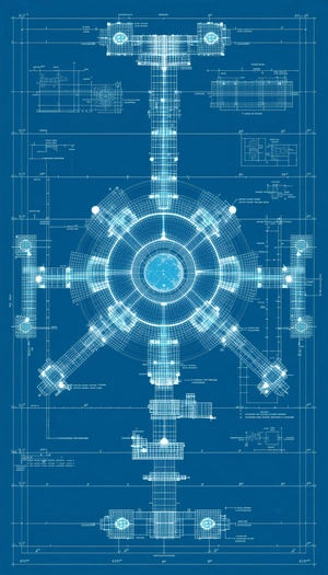 The Image Is A Blueprint Of A Building, Possibly A Space Station, With A Central Circular Structure
