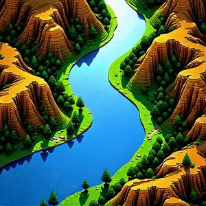 Nature Isometric Design: Aerial View Of Winding River With Cartoon-like Drawing