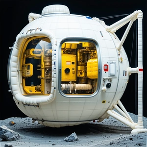 A Large White Spacecraft With A Yellow Interior, Sitting On A Rocky Surface
