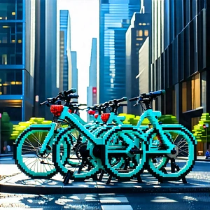 Urban Voxel Art: (city:1.48) Bicycle Sharing In Financial District With Image, There