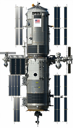 A Large Spacecraft Is Shown In A 3d Model, With A Variety Of Windows And Doors