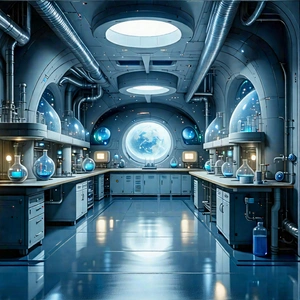 Tech Lithograph: Futuristic Research Laboratory With Image, There