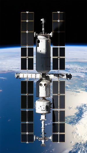 A Large Spacecraft Is Docked With A Smaller Spacecraft, Both Connected To A Larger Space Station