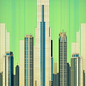 Urban Lithograph: Skyscraper With Artistic Facade With Painting Cityscape