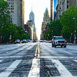 Urban Stock Photography: (city:1.27) Rideshare In Busy Intersection With Busy City
