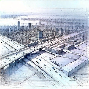 Urban Pencil Sketch: Aerial View Of Urban Renewal Area With Large City