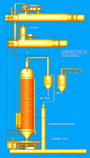 The Image Is A Blue Drawing Of A Chemical Plant, Featuring A Large Orange Tank And A Yellow Pipe