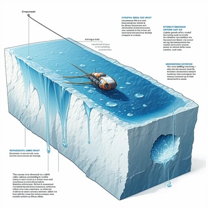 A Large Iceberg Is Shown In A Diagram, With A Small Submarine Floating On Top Of It
