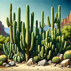 Nature Digital Illustration: Cactus In Natural Setting With Desert Landscape