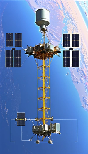 A Large Satellite Is Suspended In The Air, With A Yellow Tower Beneath It