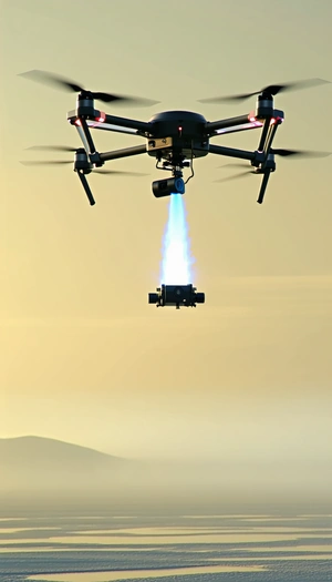 A Large Drone Is Flying In The Sky, Emitting A Stream Of Fire From Its Back