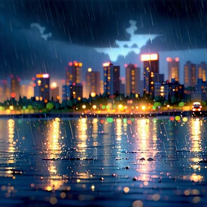 Urban Isometric Design: Cityscape Of Coastal (city:1.22) During Rainy Evening With Black White