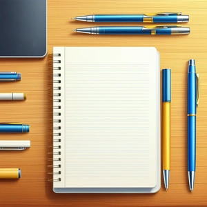 Business Digital Illustration: Workplace with notebooks and pens on desk