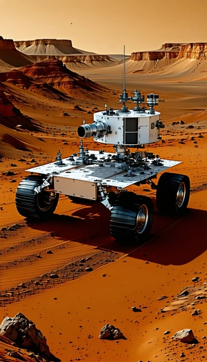 A Large, White Robotic Vehicle With A Large Wheel On The Front