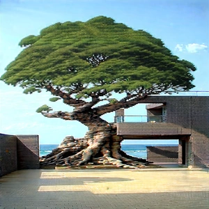 Nature Architectural Photography: Ancient (tree:1.11) In Coastal Environment With Large Tree