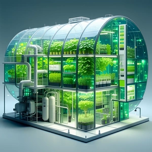 A Large, Futuristic Greenhouse Filled With A Variety Of Plants