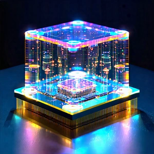 Tech Commercial Photography: Quantum Computer With Holographic Projection With Small, Colorful,