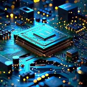 Circuit Board With (digital:1.33) Particles With Computer Chip