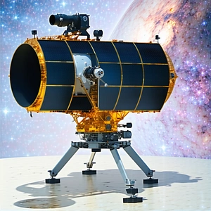 A Spacecraft With A Large Dish Antenna On Its Side, Sitting On A Flat Surface