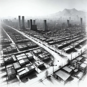 Urban Charcoal Drawing: Aerial View Of Urban Renewal Area With Black White