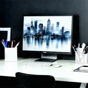 Business Lithograph: Workplace With (modern:1.49) Office Supplies On Desk With Desk Computer