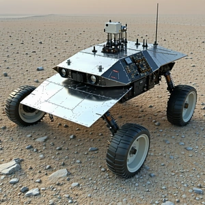 A Futuristic Robotic Vehicle, Possibly A Tank Or A Rover, Parked On A Rocky Terrain