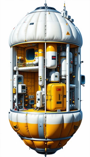 A Large, White, And Yellow Space Station Is Shown In A 3d Rendering
