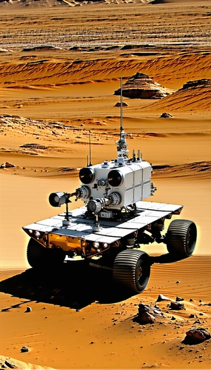 A White And Black Vehicle, Possibly A Rover Or A Truck, Driving Across A Sandy Terrain