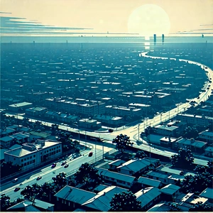 Urban Linocut Print: Aerial View Of Urban Renewal Area With Blue White