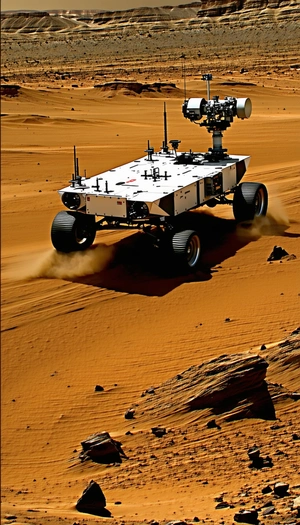 A White Robotic Vehicle Is Driving On A Dirt Road