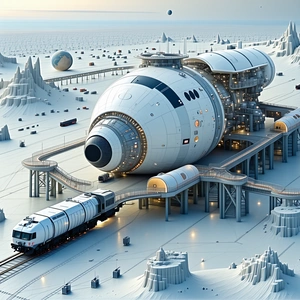 A Large White Spacecraft, Possibly A Space Station, Sitting On A Frozen Surface