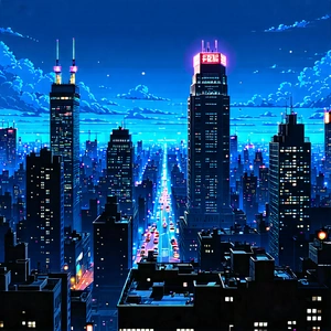 Urban Graphic Design: Cityscape Of Downtown District During Night With Colorful, Animated