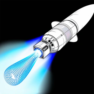 A Rocket Is Shown In A Cartoon Drawing, With A Blue Light Coming Out Of The Bottom Of It
