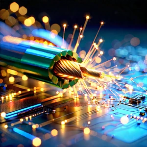 Close-up Of Fiber Optic Cables With Close-up Wire