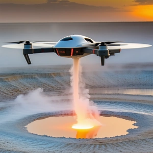 A Large Drone Is Flying Over A Lake, With A Stream Of Smoke Coming Out Of It