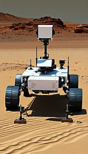 A White Robotic Vehicle With Four Wheels, Driving Across A Sandy Terrain